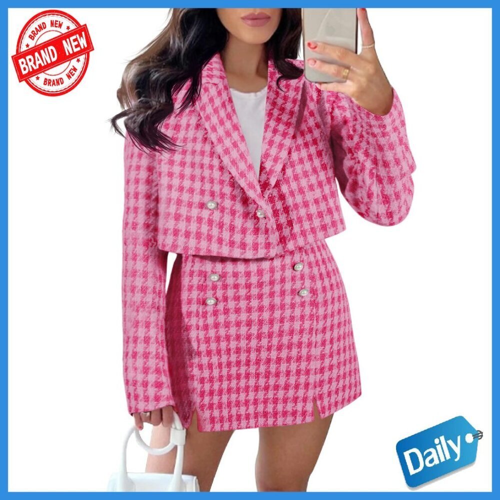 Cropped Tweed Blazer Skirt Set Business Casual 2 Piece Outfit